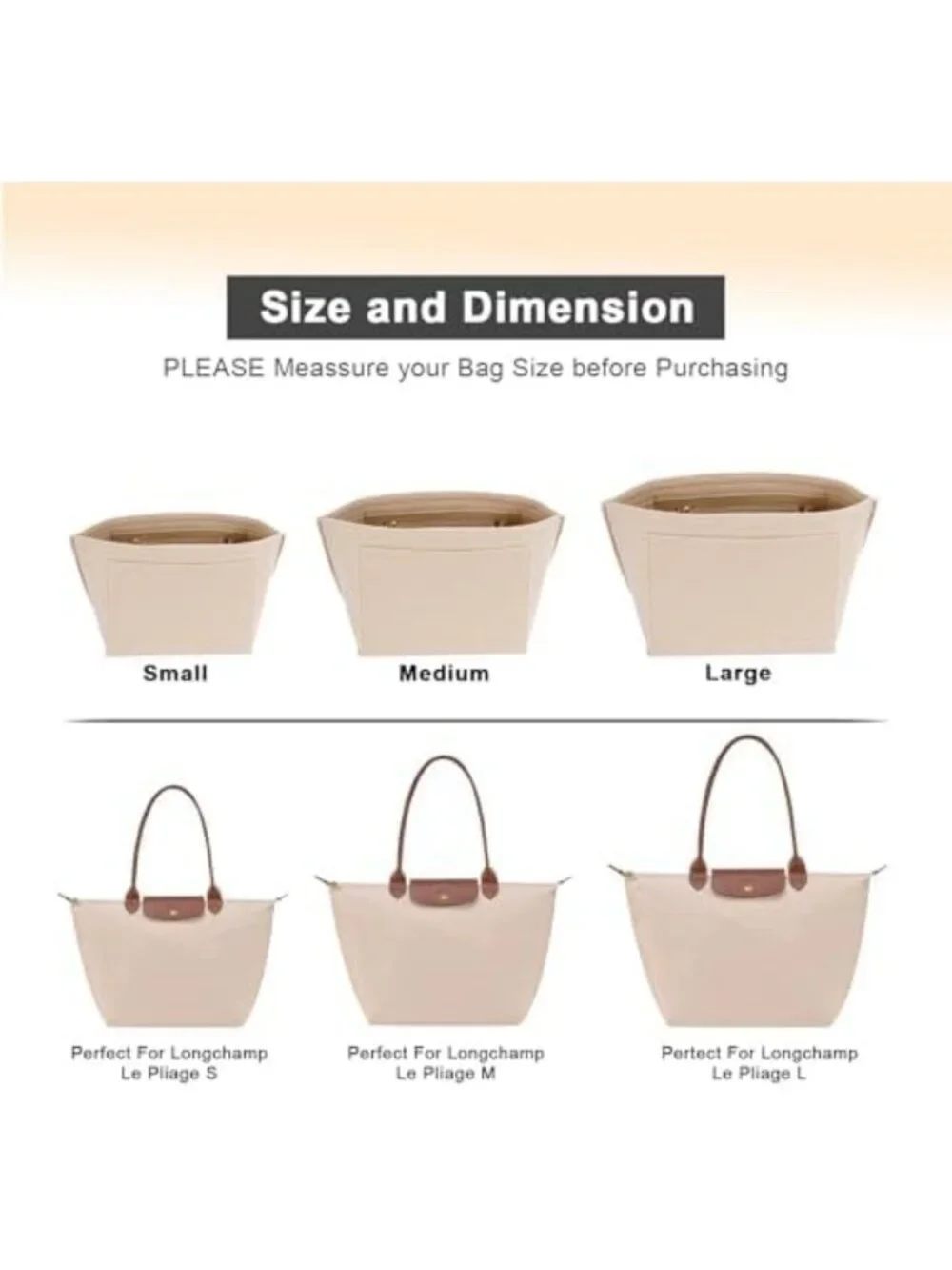 Felt Purse Organizer Insert for Long Handbags - Small Beige Storage Solution